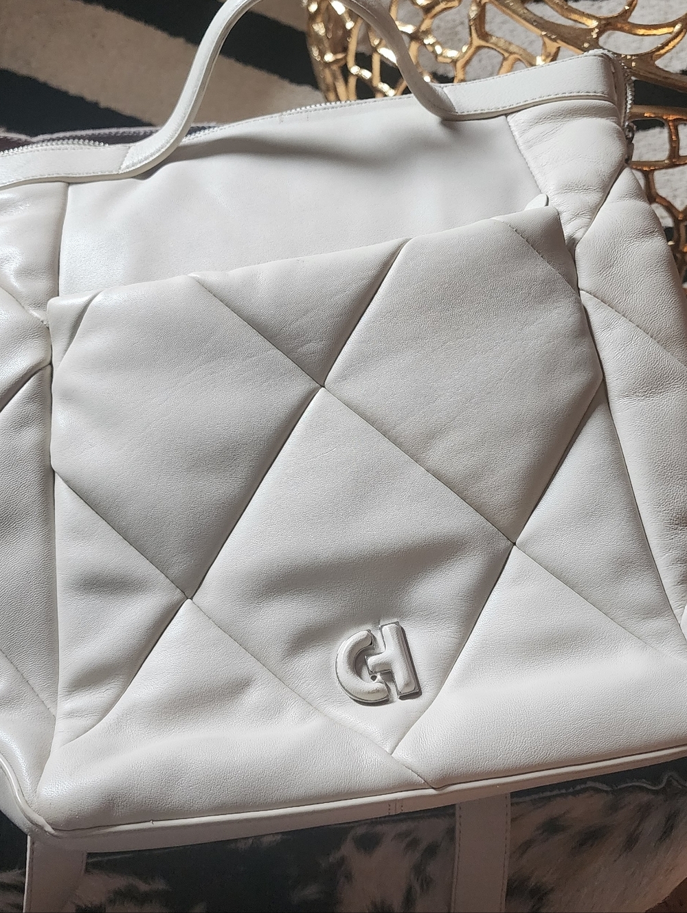 Cole Haan White Quilted Shoulder Tote with Logo Charm